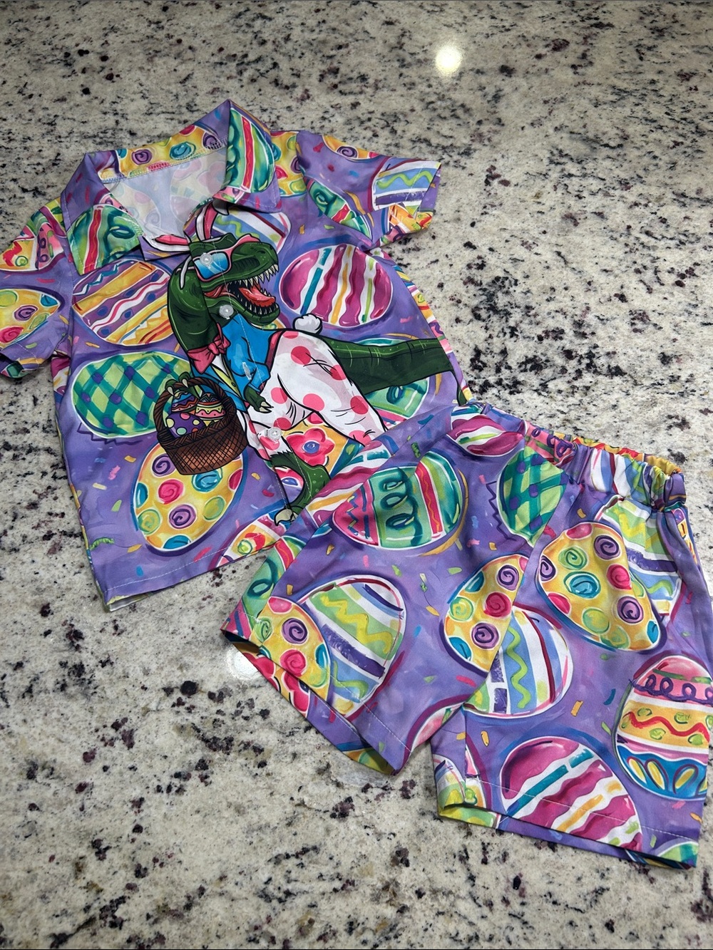 Source Unknown Purple Dino & Easter Egg Short Pajama Set